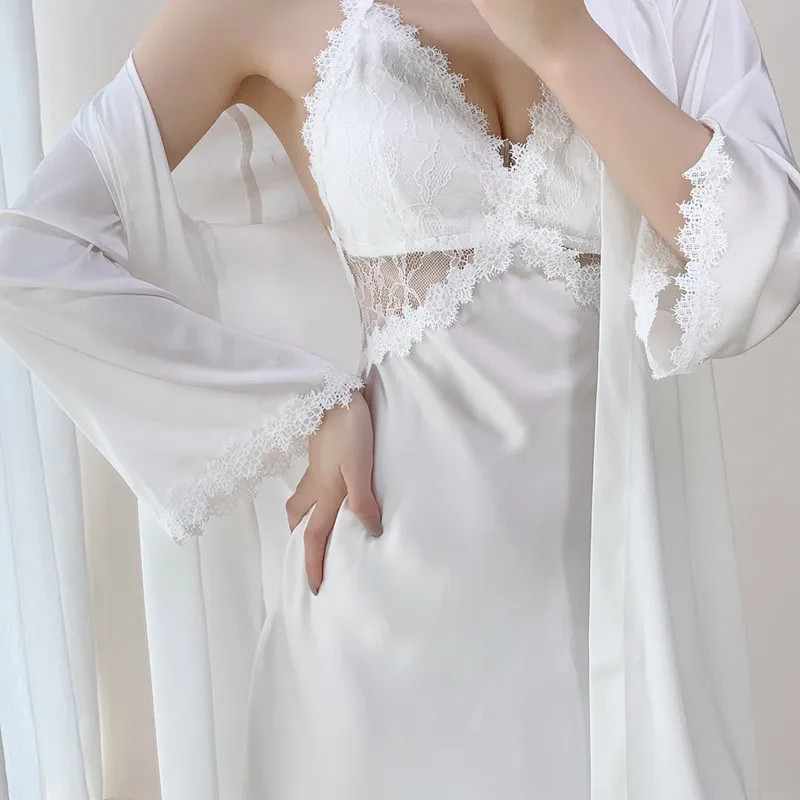 White Bride Wedding Robe Suit Sexy Lace Flower Trim Nightwear Women Spaghetti Strap Satin Homewear Loose Kimono Loungewear