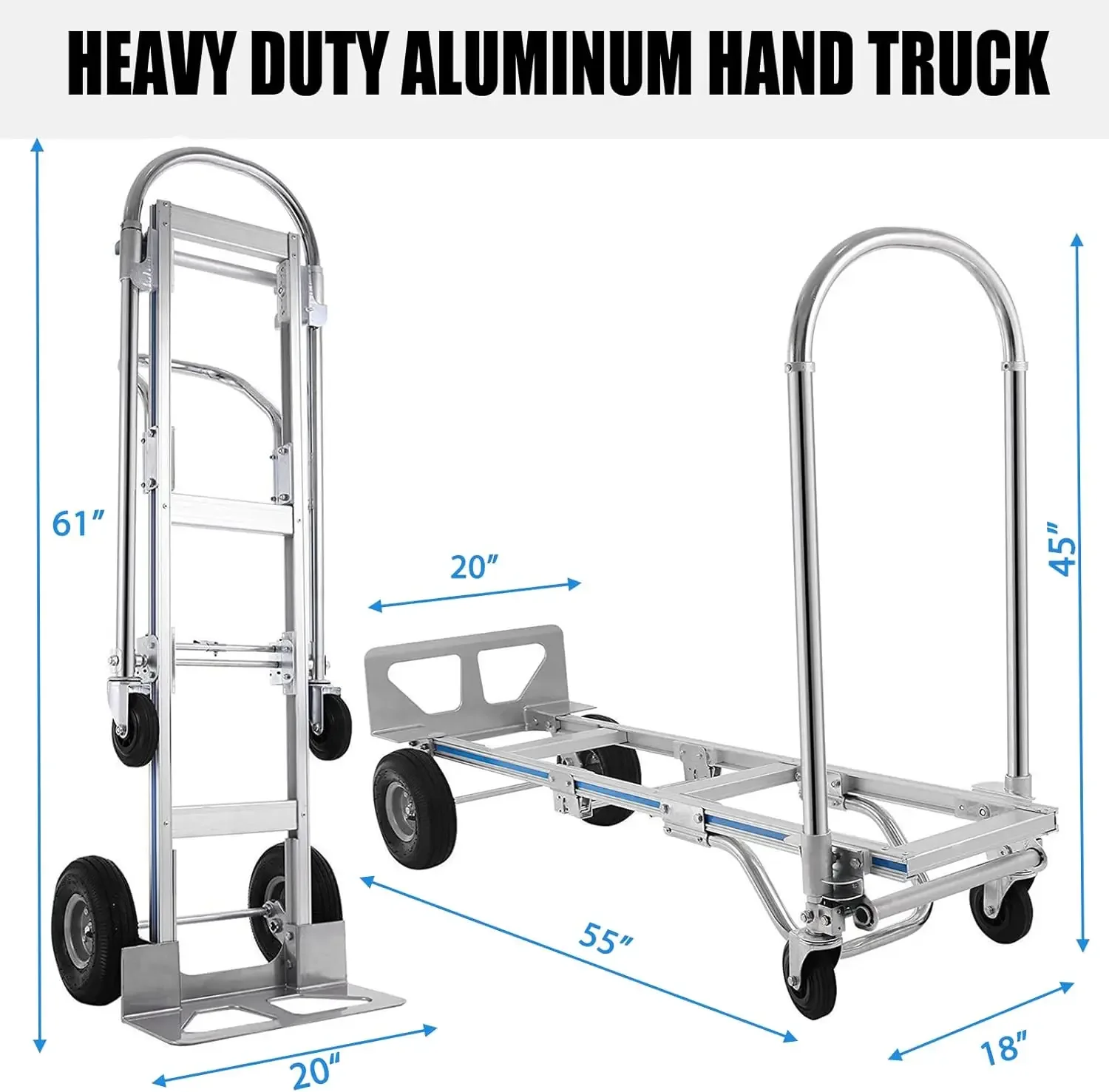 Heavy Duty Aluminum Hand Truck, Industrial Convertible Hand Truck Dolly Large Size, Utility Cart Converts from Hand Truc