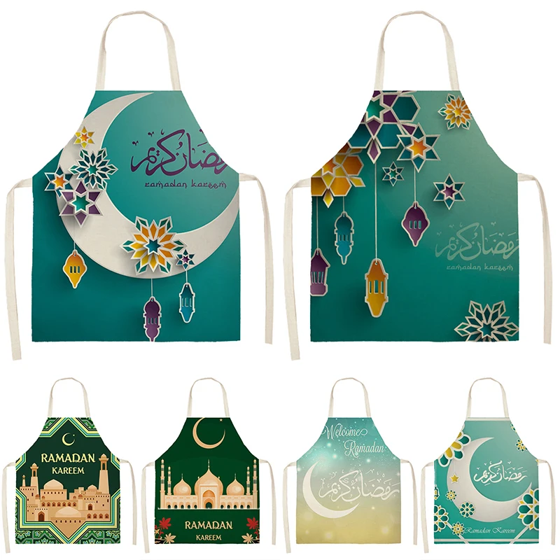 Green Star Crescent Eid Mubarak Printed Cotton Linen Home Cooking Baking Bib Muslim Ramadan Kareem Kitchen Apron For Women Decor