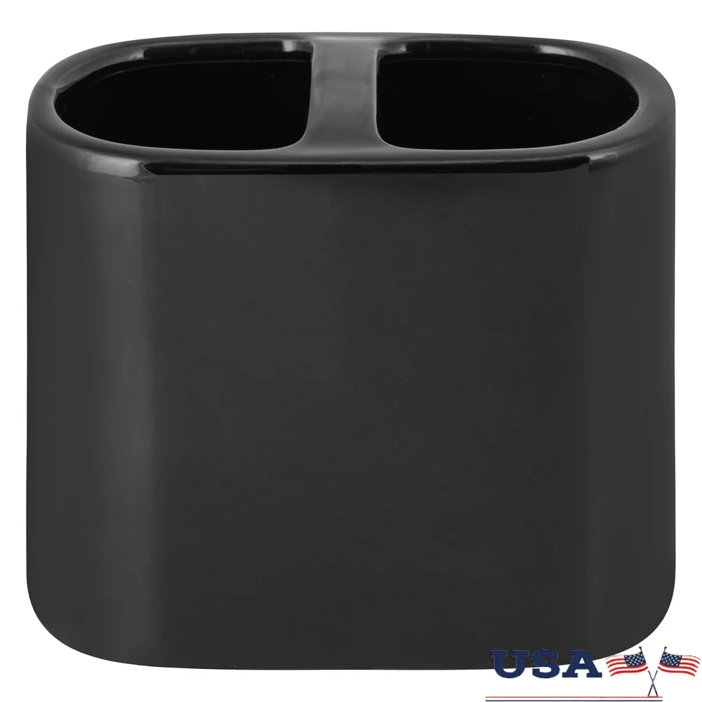 

Ceramic Toothbrush Holder Glossy Black Durable Storage Organizer Bathroom Decor Personal Items Holder Modern Design 2 Openings