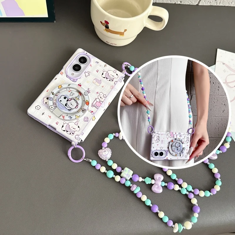 Korean Cute Puppy Magnetic Phone Case For Samsung Galaxy Z Fold 8 Hinge Cases with Magsafe Stand Lanyard Cover