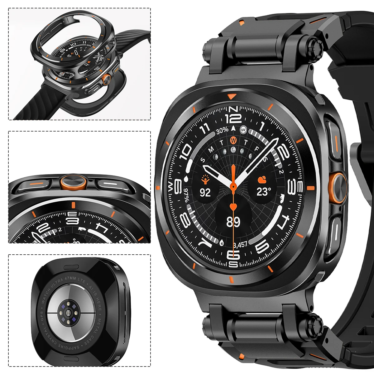 Silicone Strap + Metal Case for Samsung Galaxy Watch Ultra 47mm Men Sport Band Hollow Protector Cover for Galaxy Watch Ultra