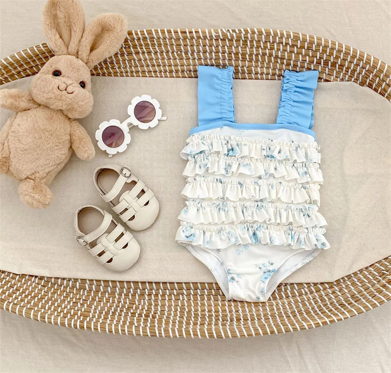 

Детские купальники с кружевной отделкой, купальные костюмы в стиле принцессы с милым принтом для девочек, повседневные купальные костюмы для малышей, для отдыха на открытом воздухе, 1-5 лет