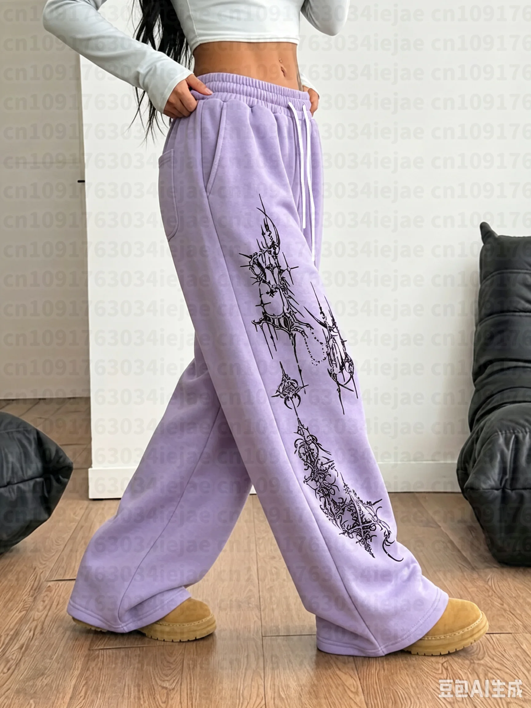 Vielseitige, modische, trendige Street-Style Casual Retro Y2K Punk-Hose mit religiösem Musterdruck für Damen und Kinder, schwarz, gerade geschnitten. – Detail 5
