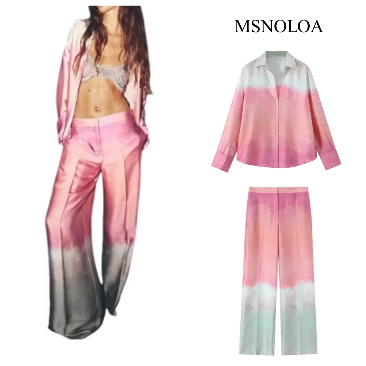 2024 Autumn New Product Women\'s Fashion Casual Long Sleeve Tie dye Printed Shirt High Waist Pants Set