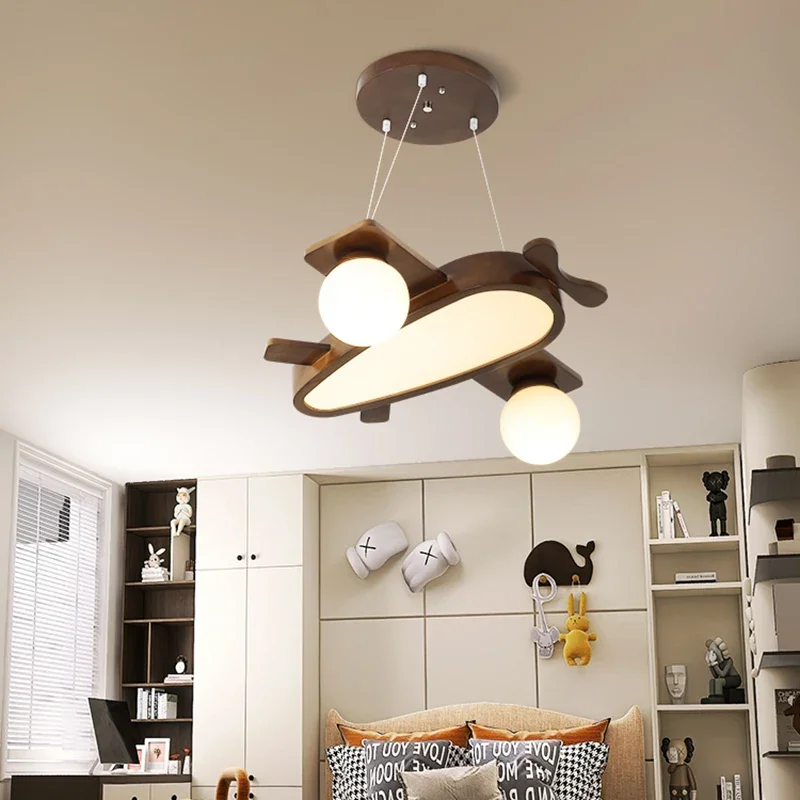 Solid Wood Airplane Lamps Nordic Children's Room Pendant Light Walnut Color 32W LED Aircraft Hanging Lamp Kids Nursery School