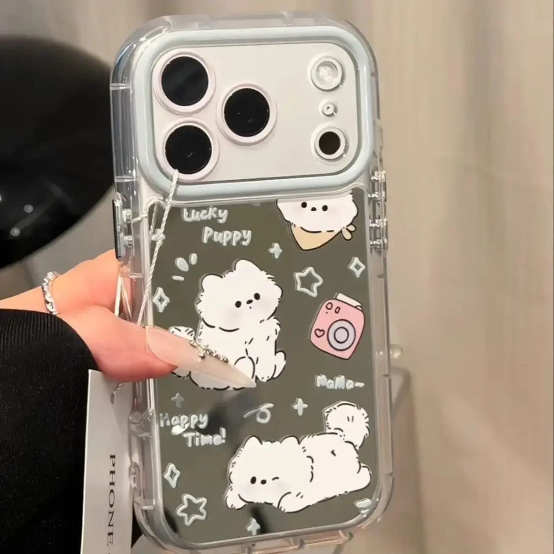 Korean Cartoon Cute Dog Polaroid Mirror Phone Case For iPhone 17 AIR 16 15 14 13 12 11 PRO MAX PLUS Anti Drop Dustproof Cover