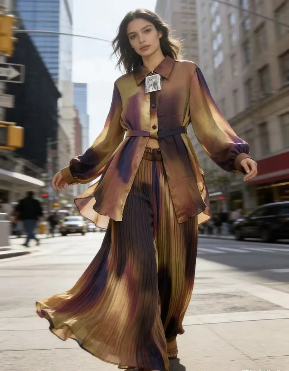 2026 New Retro geometric print lapel twist waist long shirt two-piece set For women's loose draped wide-leg pants fashion suit