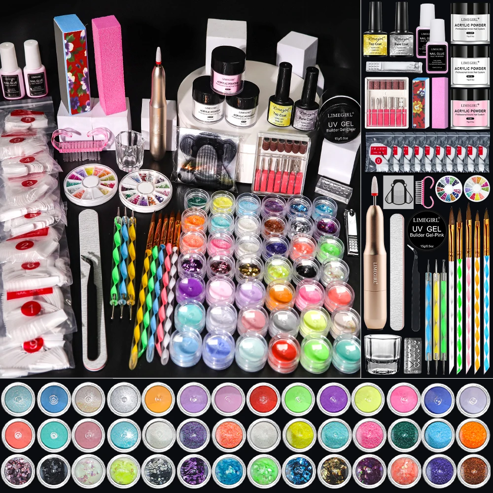 

LIMEGIR Nail Acrylic Powder Art Set with Nail Drill Beginner 3D Glitter Acrylic Powder for Manicure Decoration Carving Tools Kit