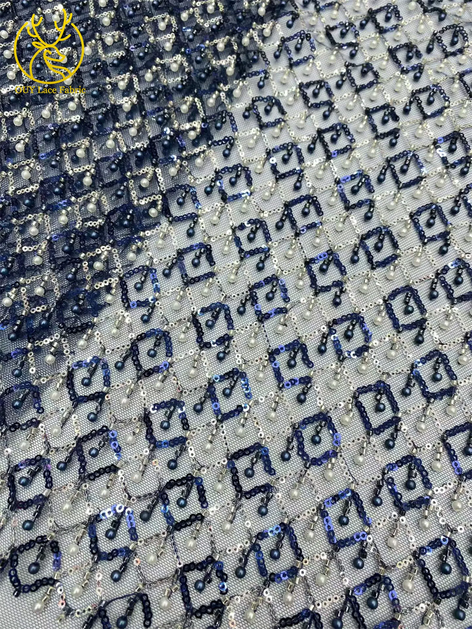 Olivgrüner afrikanischer Spitzenstoff, französischer Mesh-Spitzenstoff mit Pailletten und Perlen, Tüll-Mesh-Spitzenstoff für Damen, Hochzeitsfeier, Abendkleid, Nähen – Detail 7