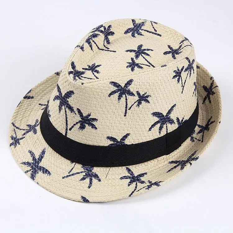 Sunshade Straw Hat Couple Breathable Mesh Beach Sun Hat Coconut Tree Pattern Men\'s and Women\'s Sunscreen Korean Jazz Gift Hat