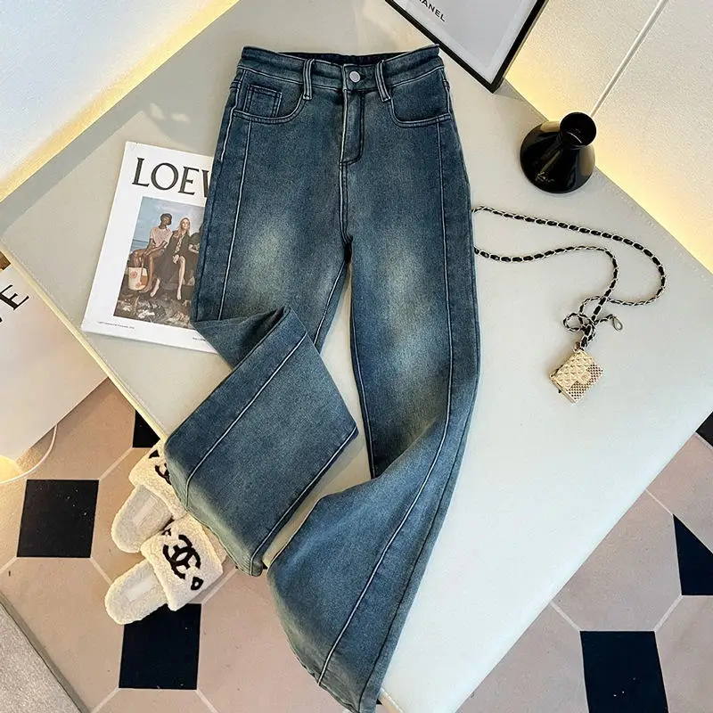 

Джинсы-колокольчики с высокой талией, женские облегающие джинсы с эластичным дизайном, длинные брюки в американском стиле, синие прямые брюки