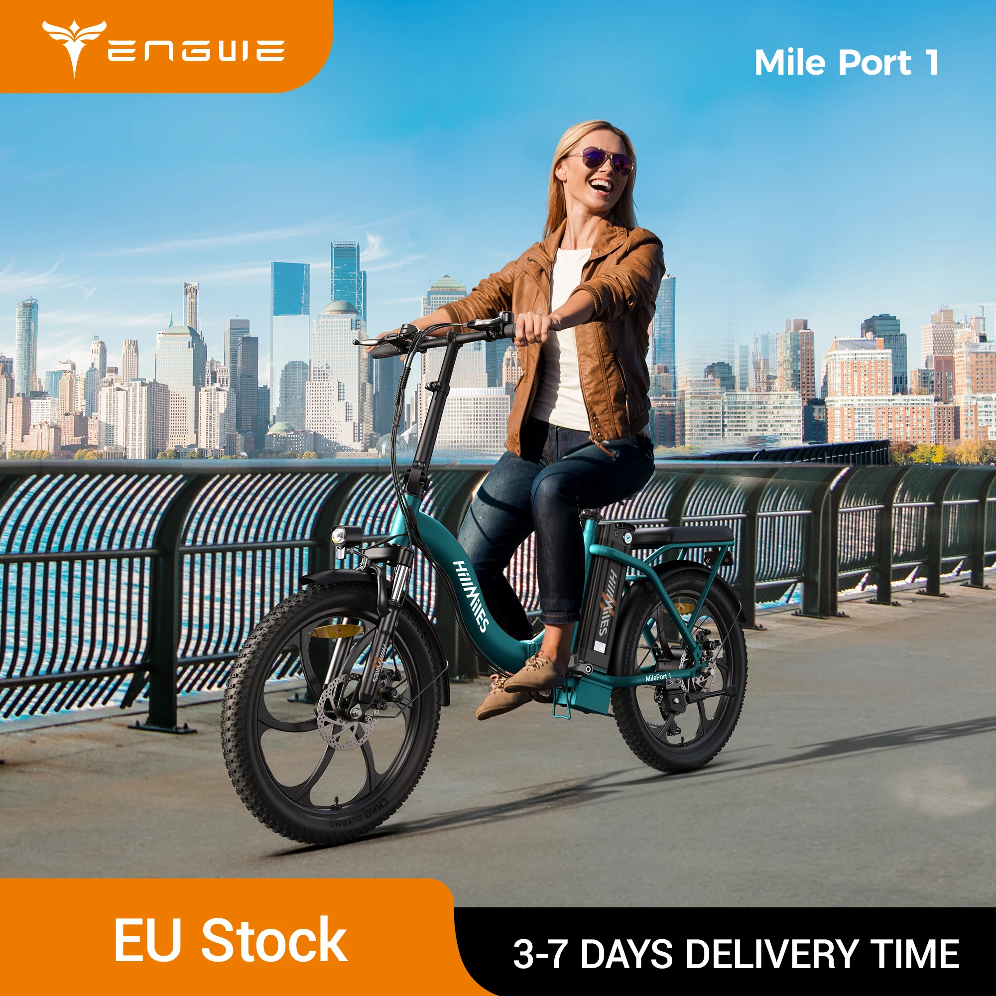 MilePort 1 Folding E-Bike, 250W Motor, 36V 13Ah Battery, 25km/h, 20"x3.0" Fat Tires, Suspension Fork, 7-Speed, Up to 100km Range