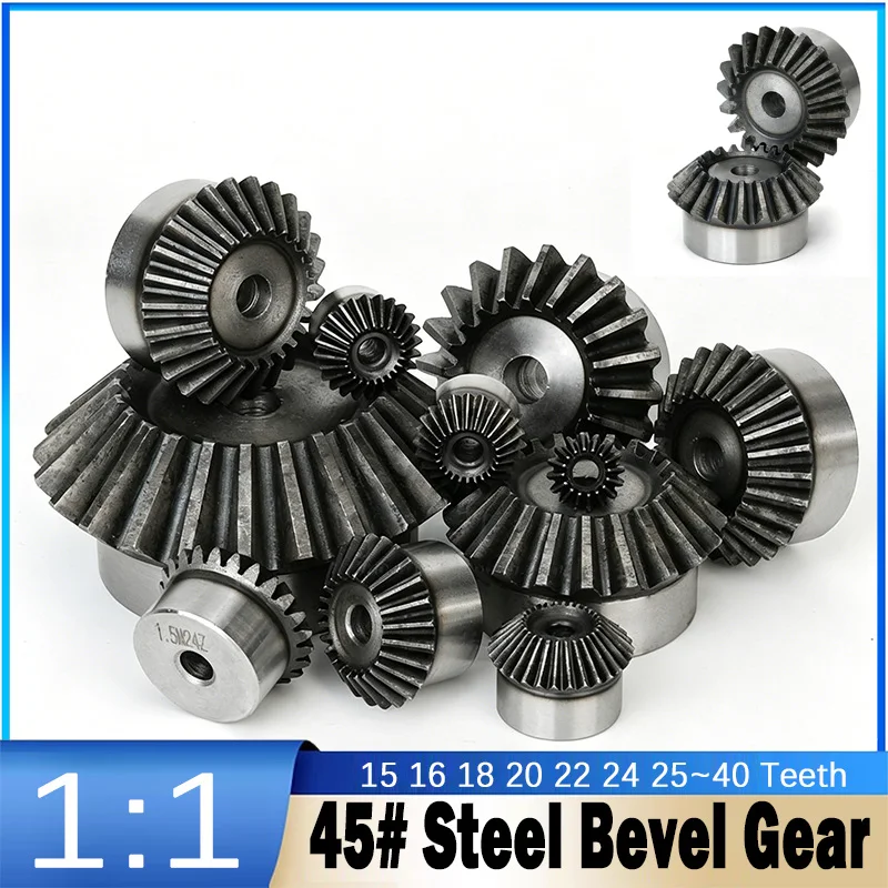 1Pcs 45# Steel 1M Bevel Gear 15 16 18 20 22 24 25 26 28 30 35 40 Teeth 1:1 90 Degrees Transmission Gears
