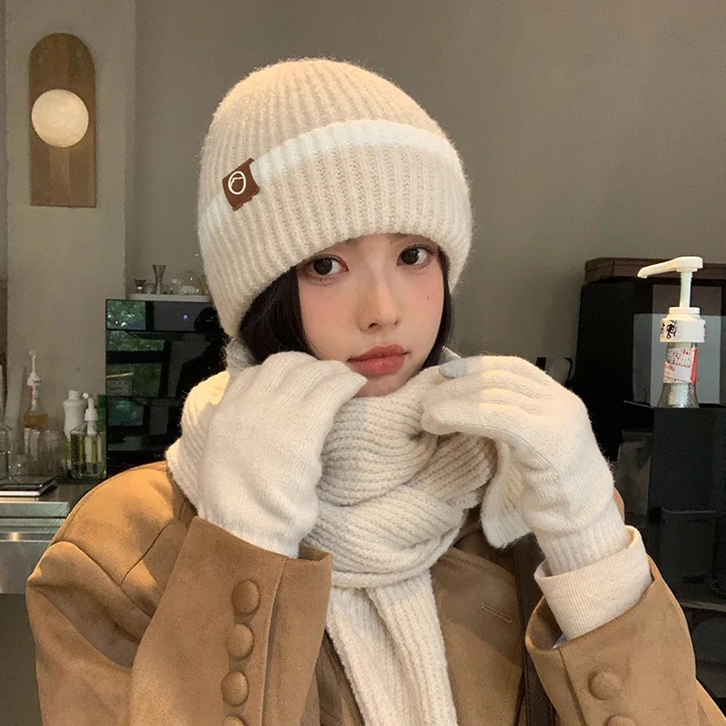 Winter Knitted Woolen Hat Women Cold Warm Hat Scarf Gloves Set of Three Fashionable Hundreds of Ear Protection 3Pcs