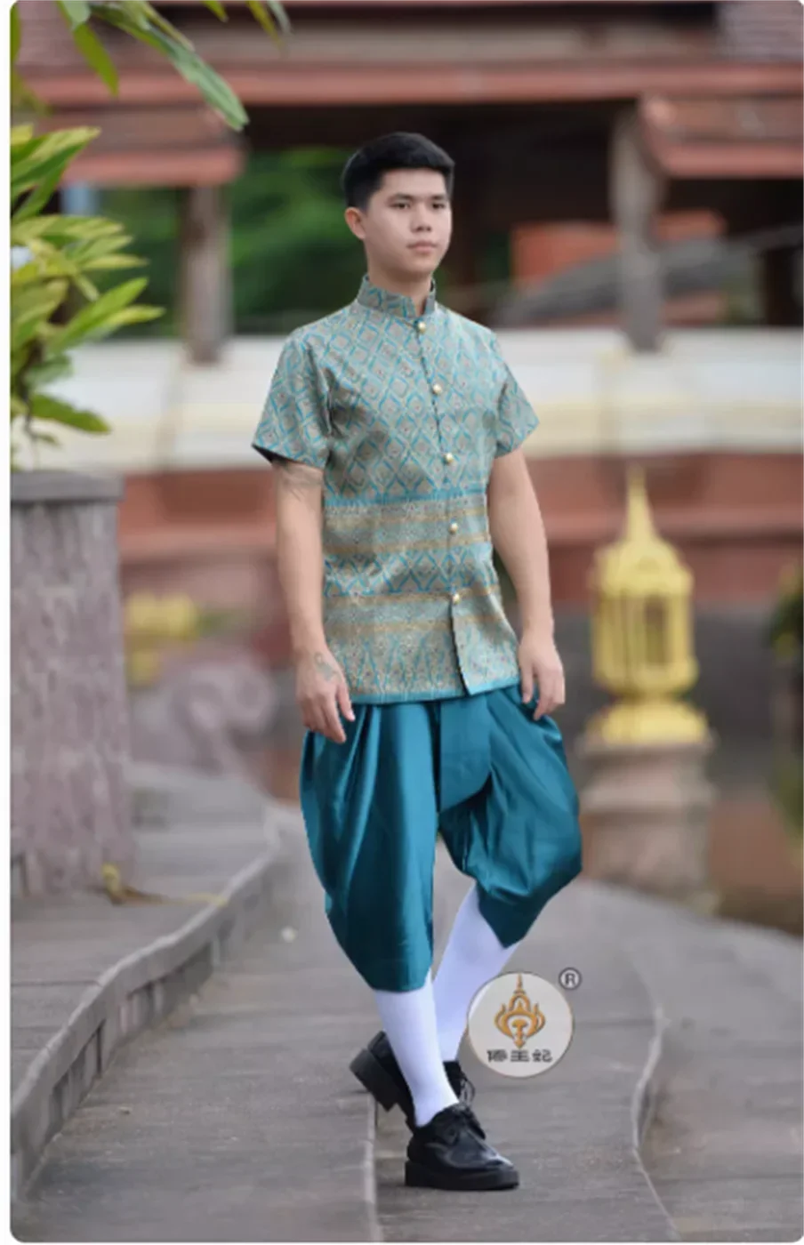 Thai men's standing collar short sleeved sarong pants