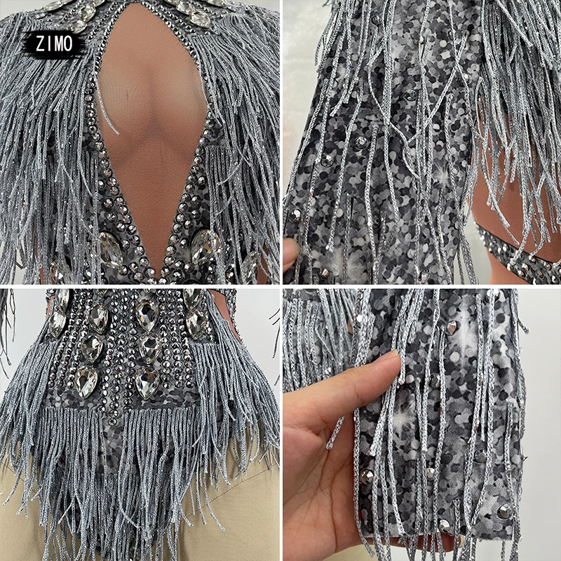 Sparkly Rhinestone silver Fringes Bodysuit Dance drag queen Costume Big Crystals Bodysuit Tassel DJ DS club birthday Party Stage