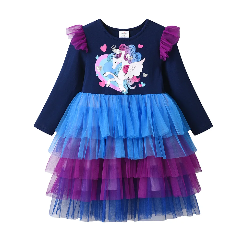 VIKITA Kids Unicorn Heart Shape Long Sleeve Dress Kids Gradient Party Performance Prom Gown Girl Fashion Princess Tutu Dresses