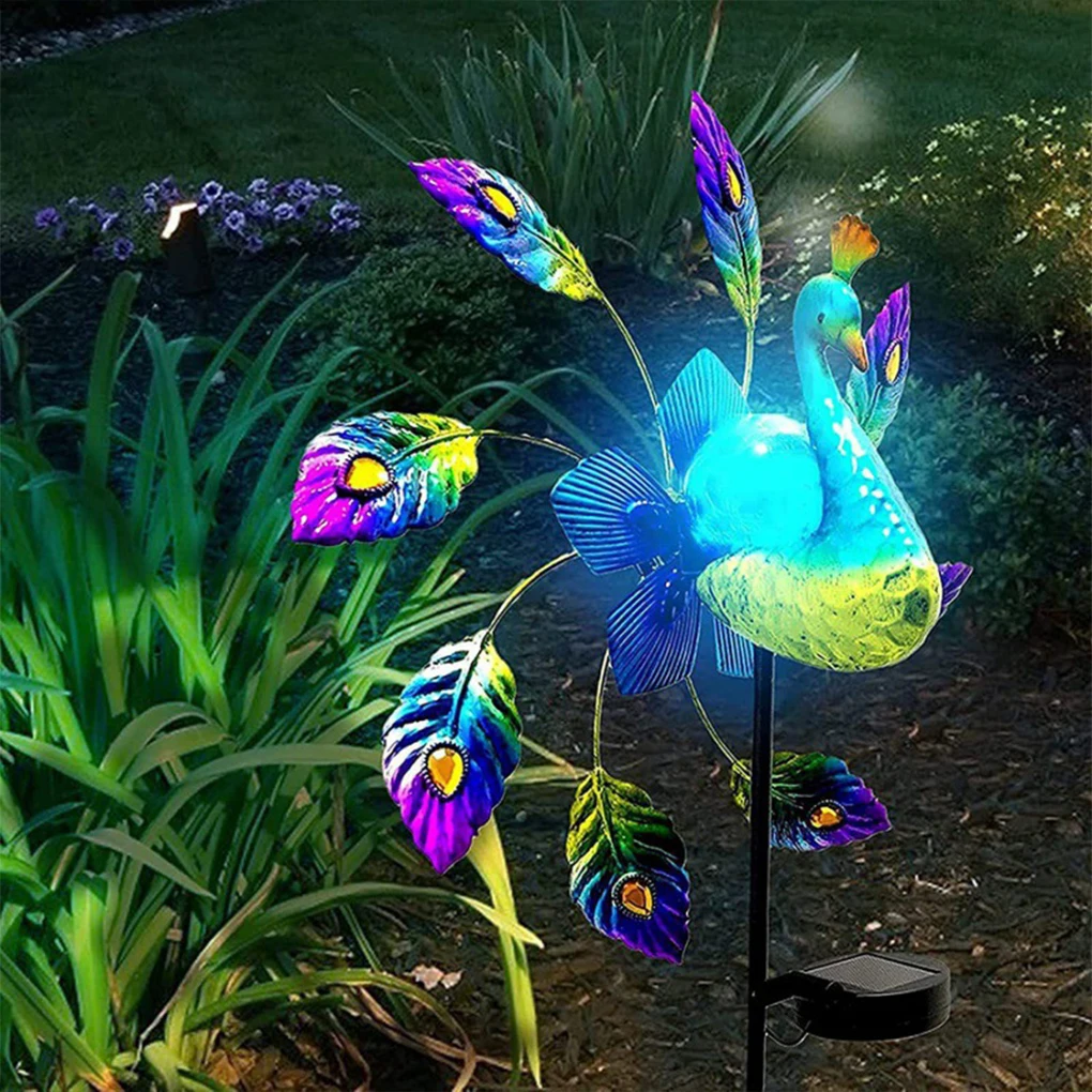 Solar Garden Lights Metal Peacock Shape Colorful Spinning Windmill with LED Cracked Crystal Ball Outdoor Decorat Stake Lighting