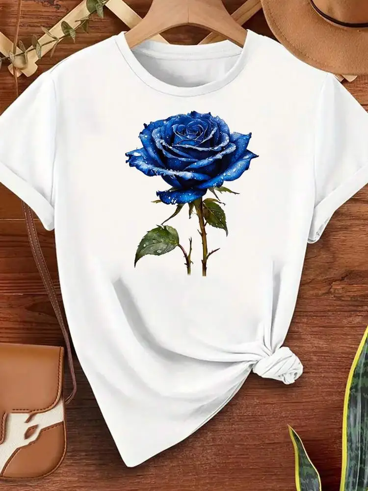 Modne słodkie kwiatowe koszulki damskie z okrągłym dekoltem, popularne, codzienne, z nadrukiem, z krótkim rękawem, odzież, moda damska, graficzne t-shirty.
