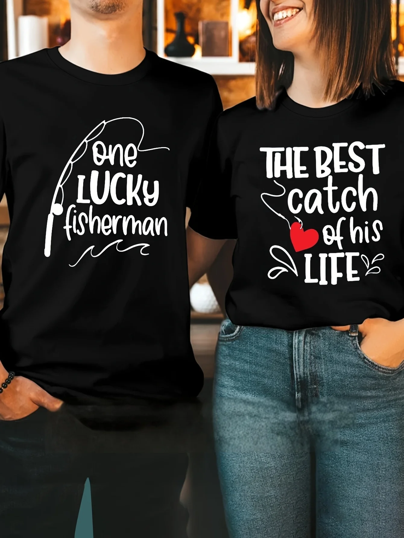 

Casual Summer T Shirt for Couples One Lucky Catch Print Crew Neck Short Sleeve Machine Washable Perfect for Outdoor