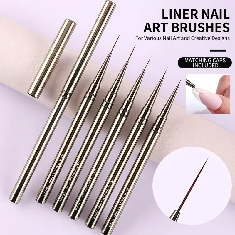 Professional Nail Art Liner Pen Set Ultra Fine Tips 5 Pieces Metal Handle Brushes Ideal for Painting Drawing Metallic Line Art