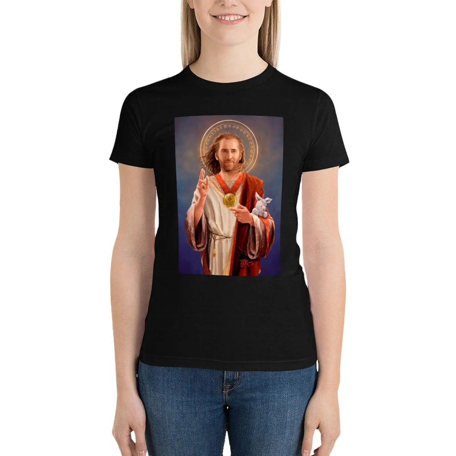 Nicolas Cage Saint Nicolas of Cage - Nic Cage Original Religious Painting T-Shirt tees cute clothes graphic t-shirts for Women