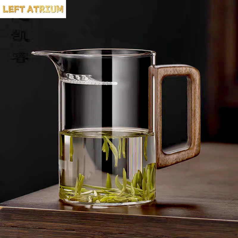 500ml Wooden Handle Heat-resistant Glass Fair Cup with Crescent Filter Green Tea Cup Chahai Kung Fu Tea Set Tea Divider Teacup