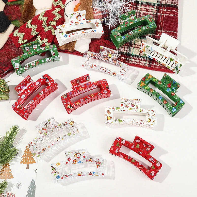 1Pc Rectangle 8.5cm Big Hair Claw New Christmas Hair Clips for Women Girls Snowflake Snowman Design Hair Accessories Styling
