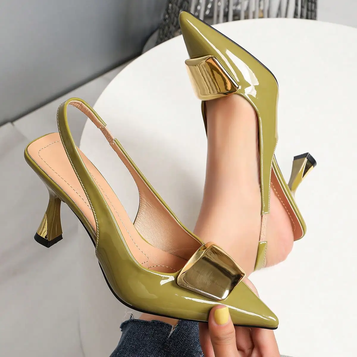 Elegant Women Closed Pointed-Toe Slingback Heels, Patent Leather Pumps with Stylish Square Buckle, Comfortable Versatile Formal Dress Shoes, Great for Office Business, Wedding Events, Dinner Party, Casual Wear and Summer Vacation