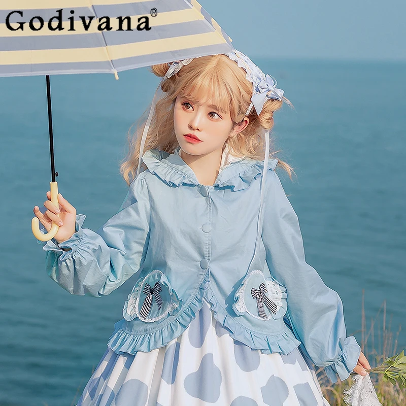 

2024 Autumn New Lolita Outer Short Coat Girl Sweet Kawaii Loose Rabbit Ear Hooded Bow Student Cardigan Jacket Women Y2k Coats