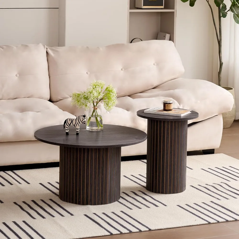 

Round Nesting Coffee Tables Set of 2, Mid Century Modern Small End Table with Fluted Style Drum Side Tables, Wood Slat Side Tabl