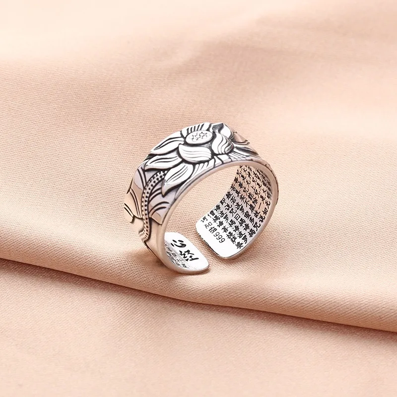 Vintage Chinese Style Lotus Heart Sutra Ring, Engraved Prajna Paramita Sutra Band, Adjustable Thumb Ring for Men Women