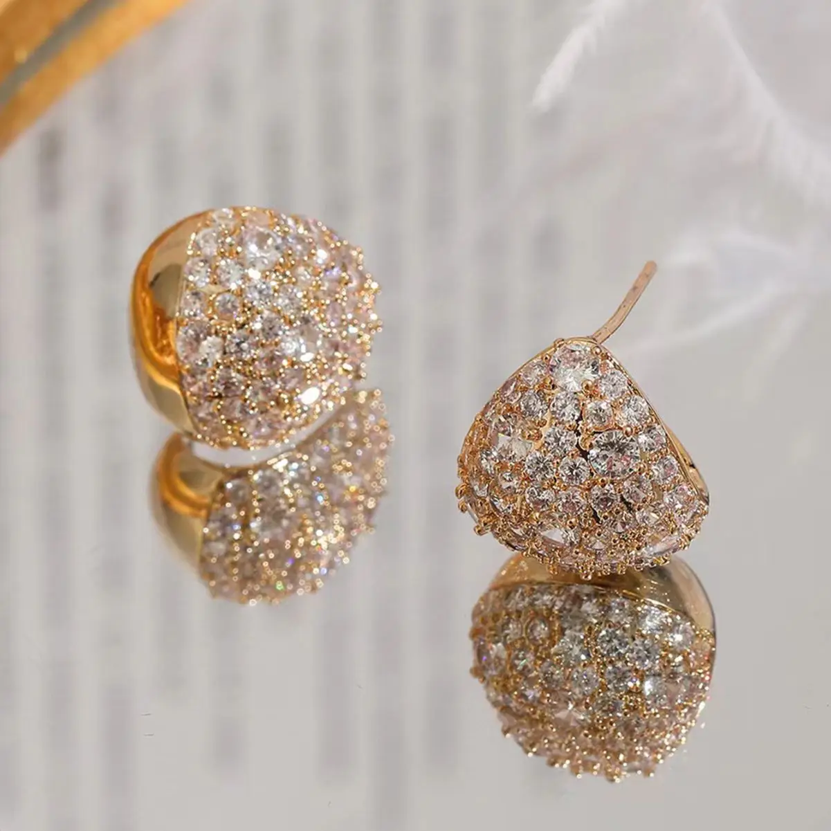 Full Zircon Slightly Inlaid Water Drop 925 Silver Needle 14 K Gold Plated Earrings