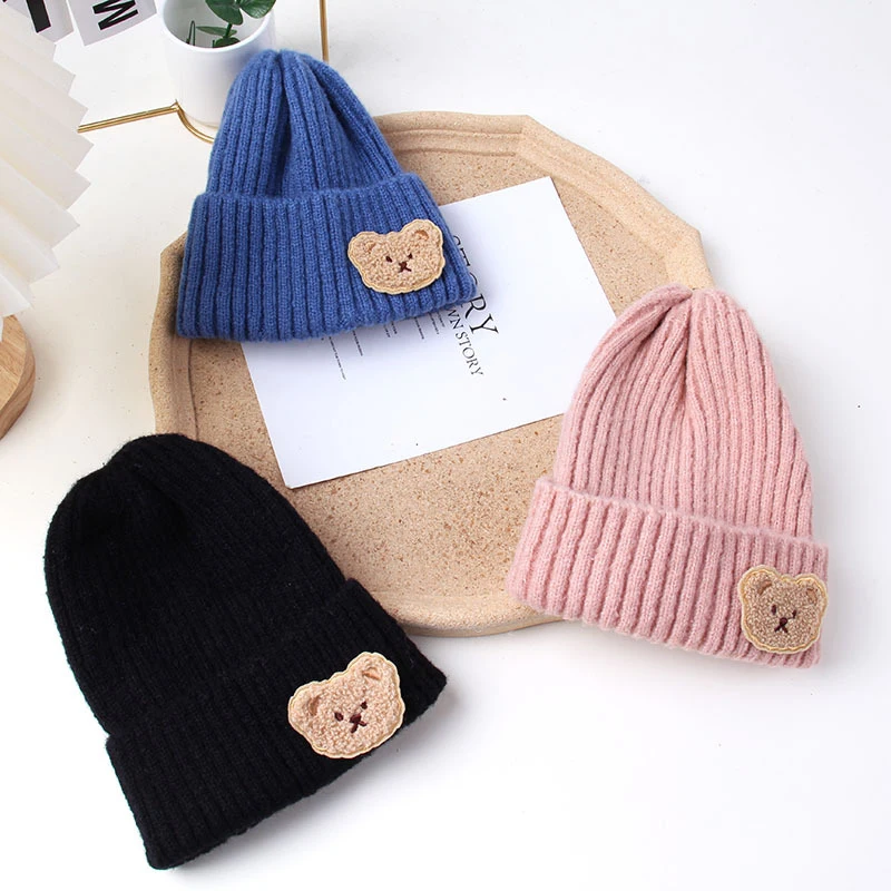 Korean Bear Baby Knit Hat Autumn Winter Warm Toddler Cap for Boy Girl Beanies Cute Solid Color Cartoon Kids Knitted Hats