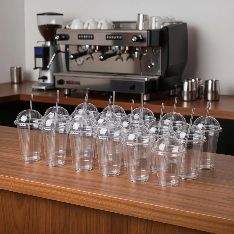 10Pcs Disposable Clear Plastic Cups with Lids & 100 Straws – Heavy Duty Party Cups for Juice, Milk Tea, Iced Coffee