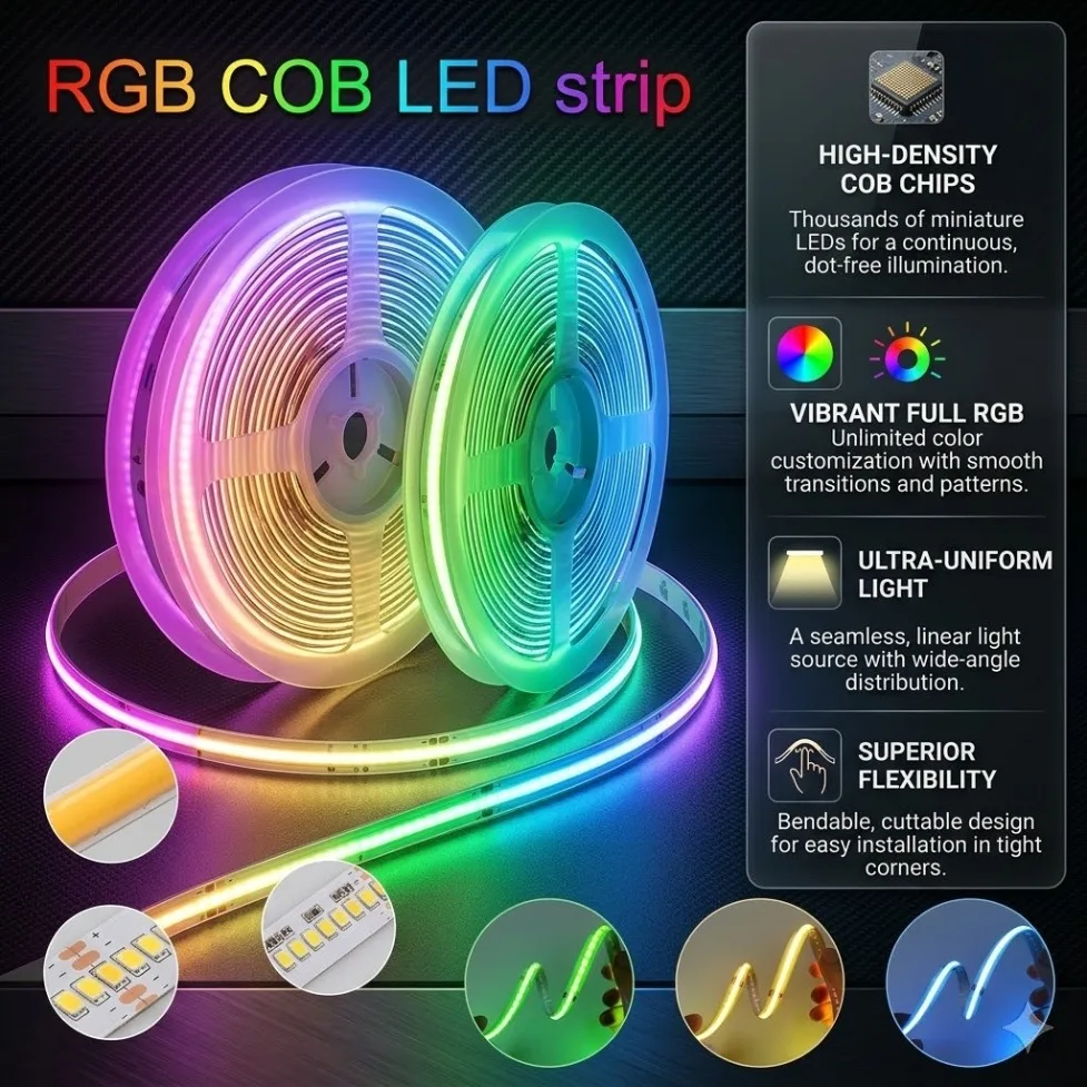 DC12V/24V RGB COB LED Strip 8mm/10mm Width 576LEDs/M High Density RA95 Flexible Tape for DIY Living Room Bedroom Decor Lighting