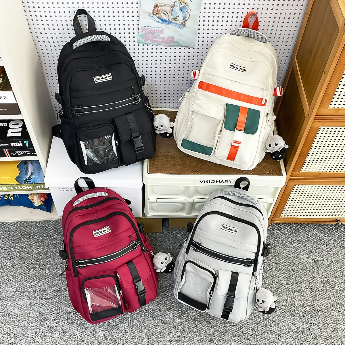 

Unisex Solid Color Nylon Backpack Cute Octopus Plush Charm Rucksack Fits 14 Inch Laptop For Travel