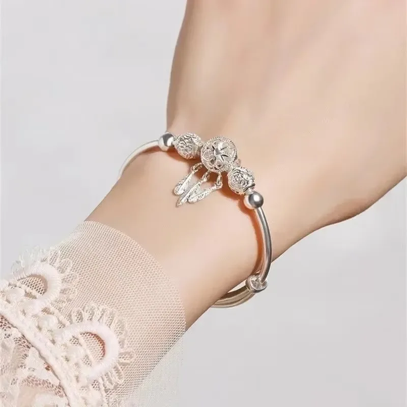 Braccialetti in argento 925 per donna Bracciale con perline rotonde con piume e nappe Bracciale con ciondoli regolabili Regali di gioielli da sposa