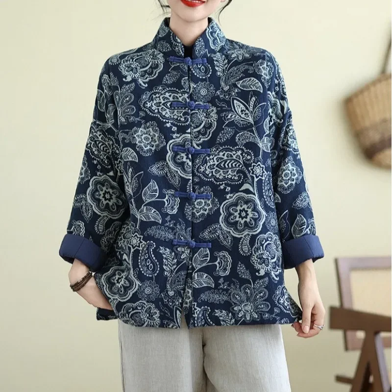 

Ethnic Style Cotton and Linen Thickened Warm Clothing Retro Loose Winter Single Breasted Quilted Jacket Stand Collar Blue Coat