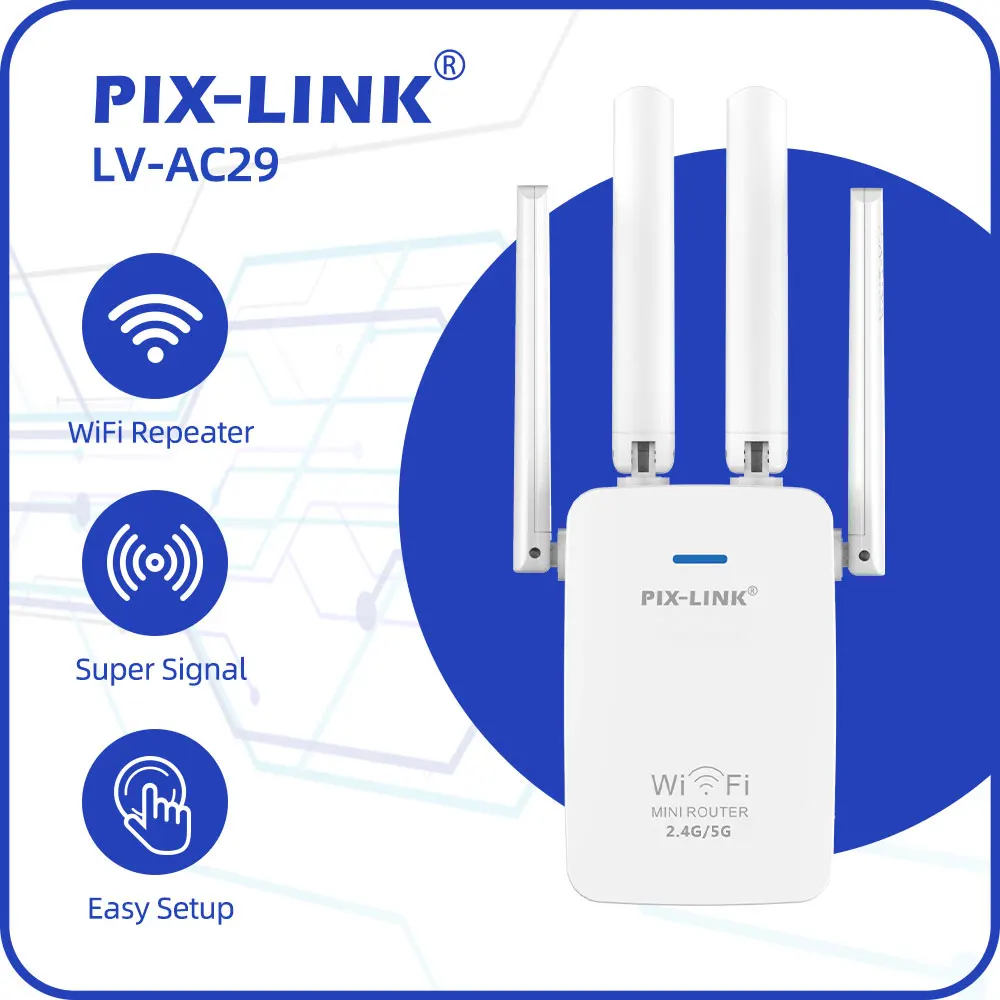 

PIX-LINK AC1200 Мини-ретранслятор Wi-Fi 1200 Мбит/с, двухдиапазонный усилитель сигнала, 4 антенны, 3-в-1: роутер/расширитель/точка доступа, простая настройка