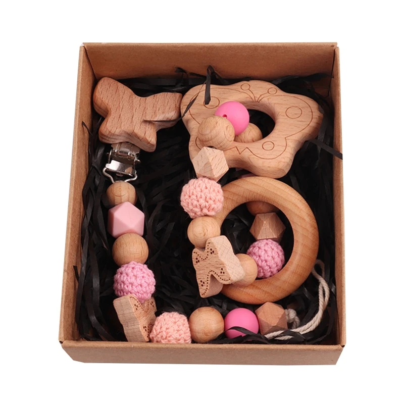 2 Pcs Teether Baby Rattle Teething Rings Wooden Sensory Shaking Games