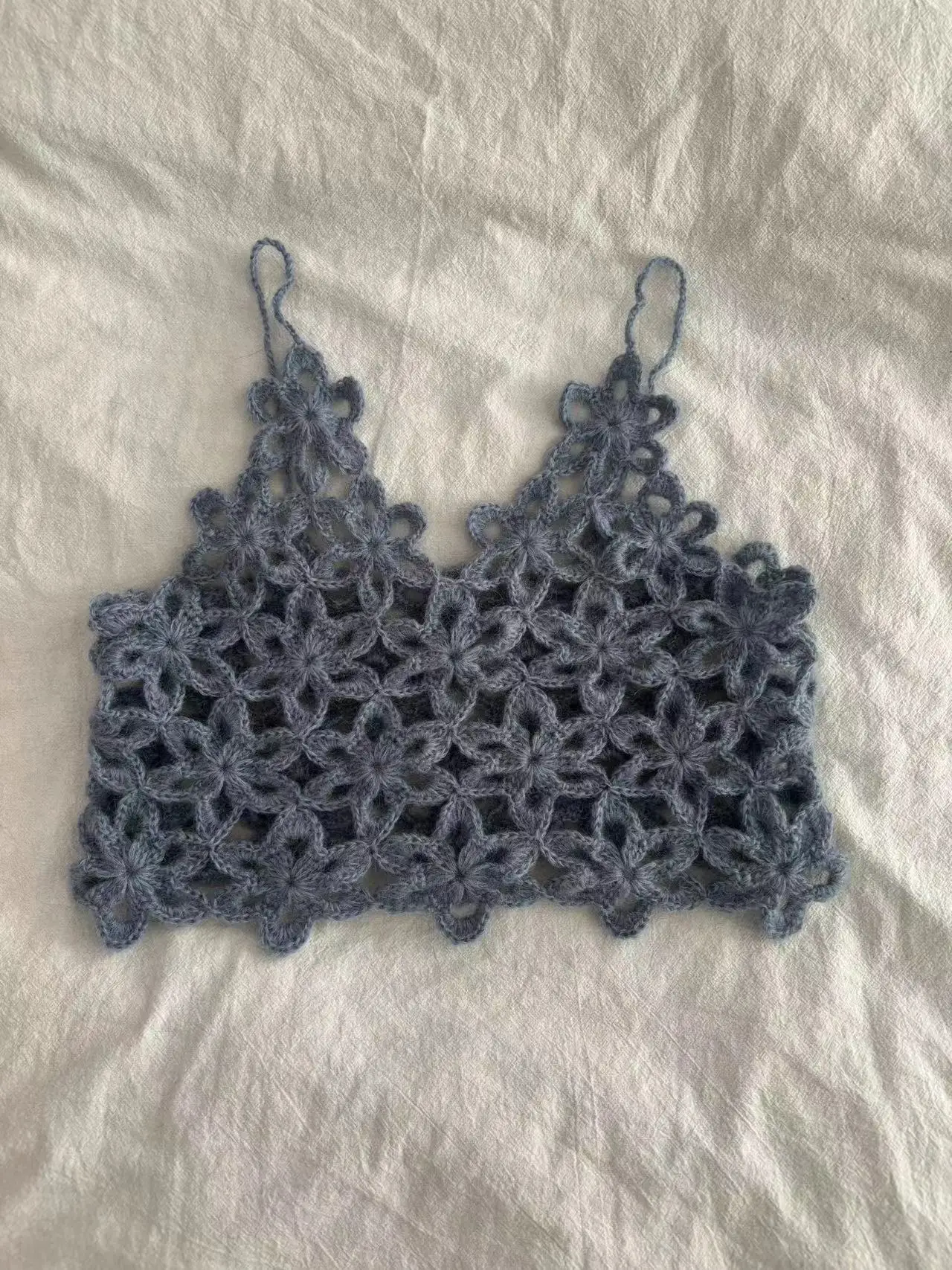 Summer Top Aesthetics Women's Top Knitted Sleeveless Haze Blue suspender Handmade Hook Knot Short Clothing Vest