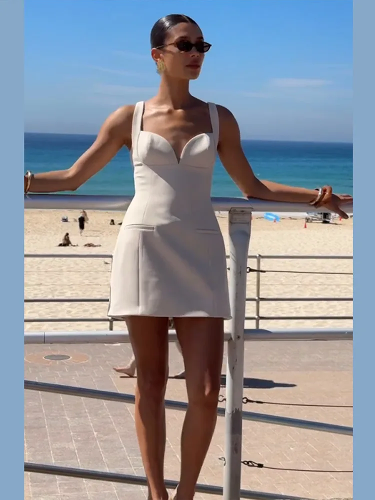 Elegant Blazerสลิงชุดสั้นผู้หญิงVคอBackless Slim A-Line Dresses 2025 ฤดูใบไม้ผลิฤดูร้อนLady ChicเดินทางRobes