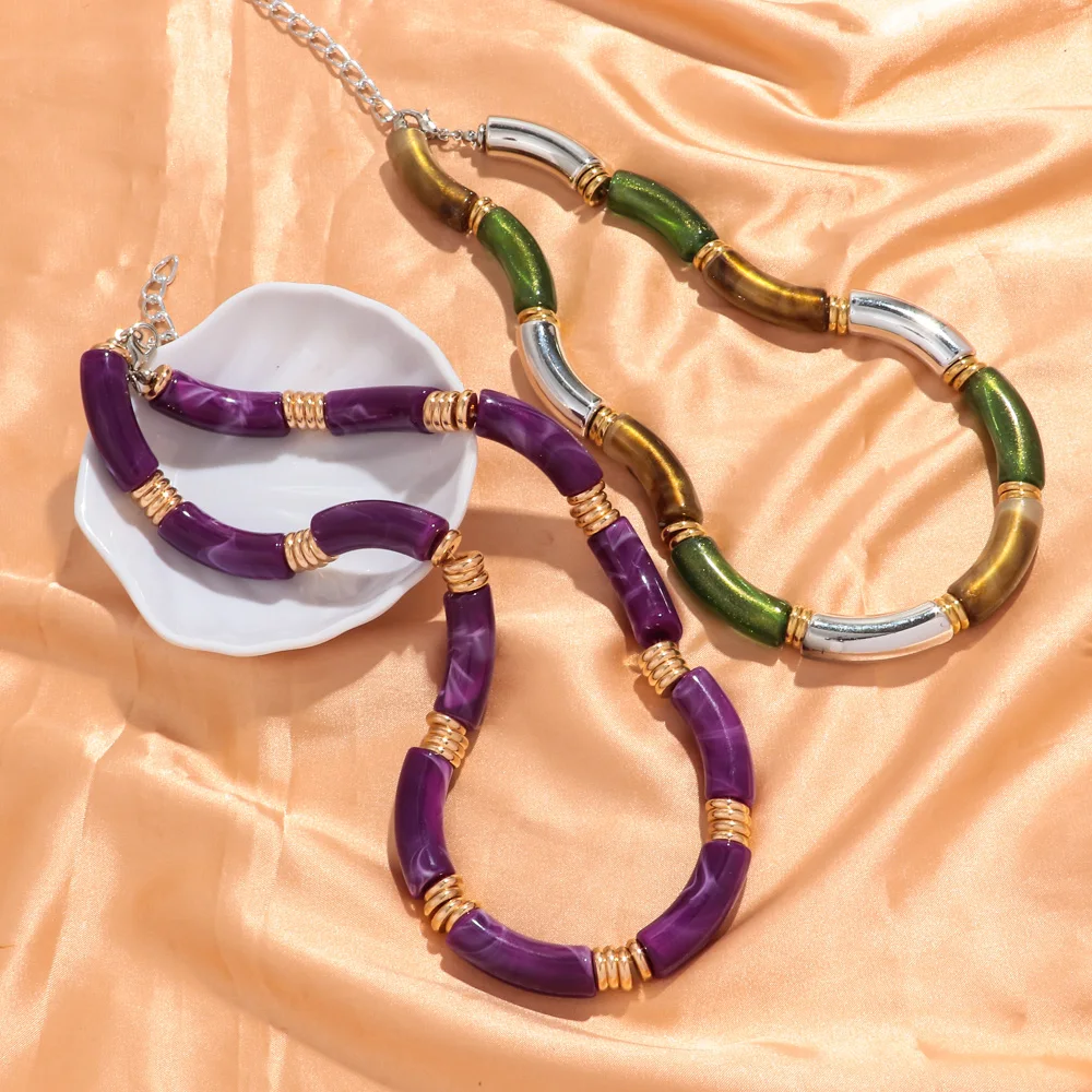 New Bamboo Big Tube Acrylic Choker Necklaces for Men Women Silver Color Chunky Elbow Stack Necklace Trendy Jewelry Collier Gift
