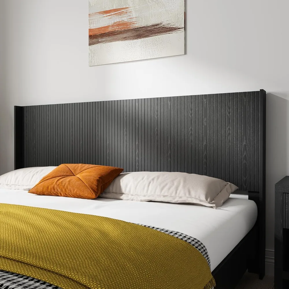 لوح رأسي من King Wood فقط، لوح رأسي مثبت على الحائط مقاس 80.2 بوصة مع لوحة مخددة وتصميم جناح لغرفة النوم، أسود