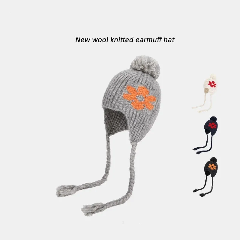 

Зимняя уличная теплая шерстяная вязаная шапка-бини с цветочным принтом, велосипедная защита ушей, шапки Lei Feng, пуловеры для женщин