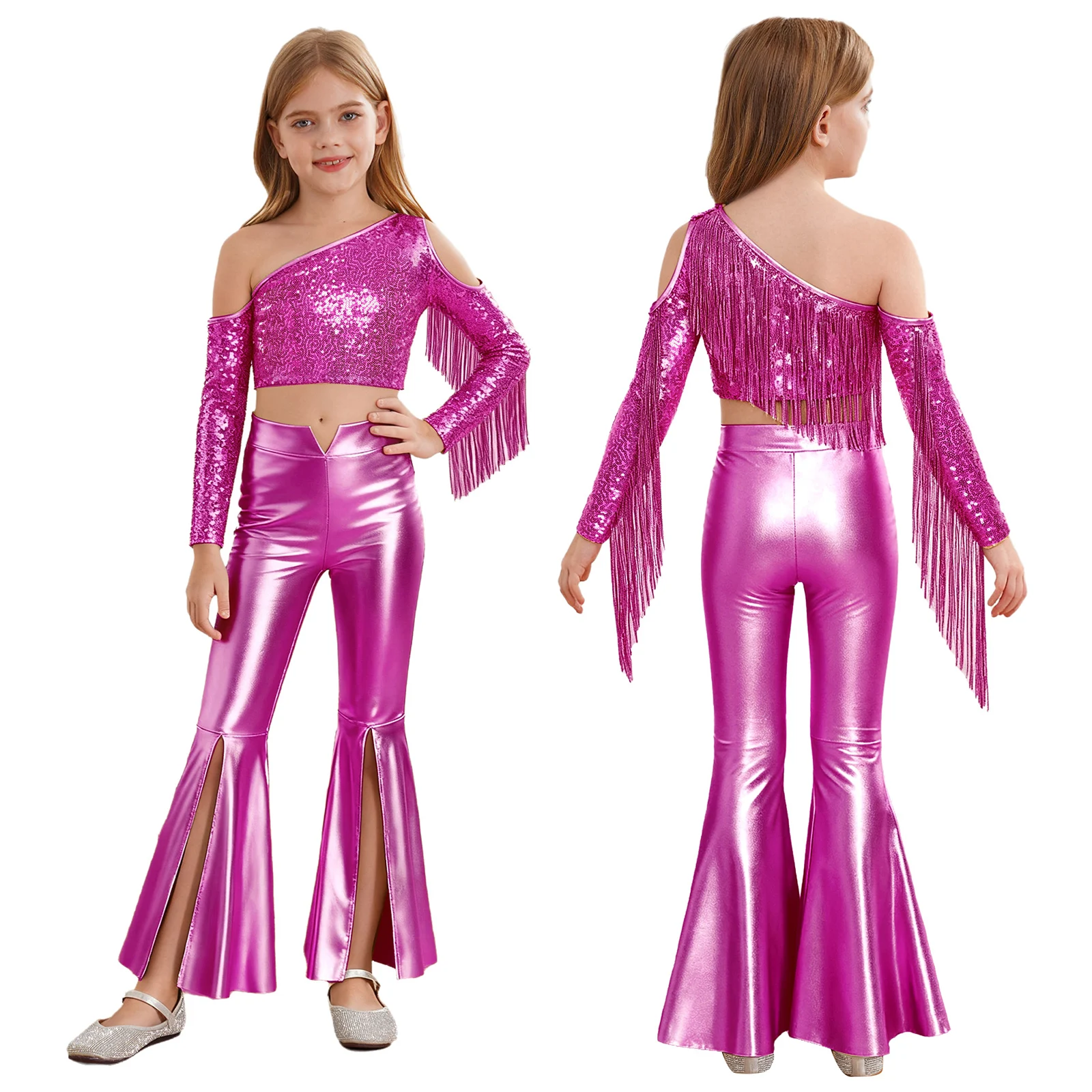 زي رقص الجاز للفتيات زي هيبي معدني 70s بكتف واحد شرابات لامعة ترتر مع بدلة بناطيل جرس سفلي