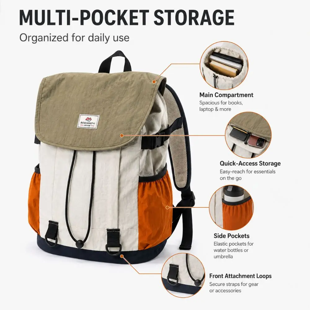 Large Capacity Camping Backpack Flap Top Adjustable Straps Travel Daypack Side Pockets Water Resistant School Backpack Hiking