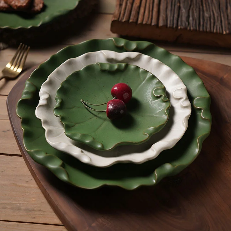 

Stoneware Vintage Plates, Vegetable Plates, Western Steak Plates, Irregular Lotus Leaves, Special-shaped Refreshment Plates